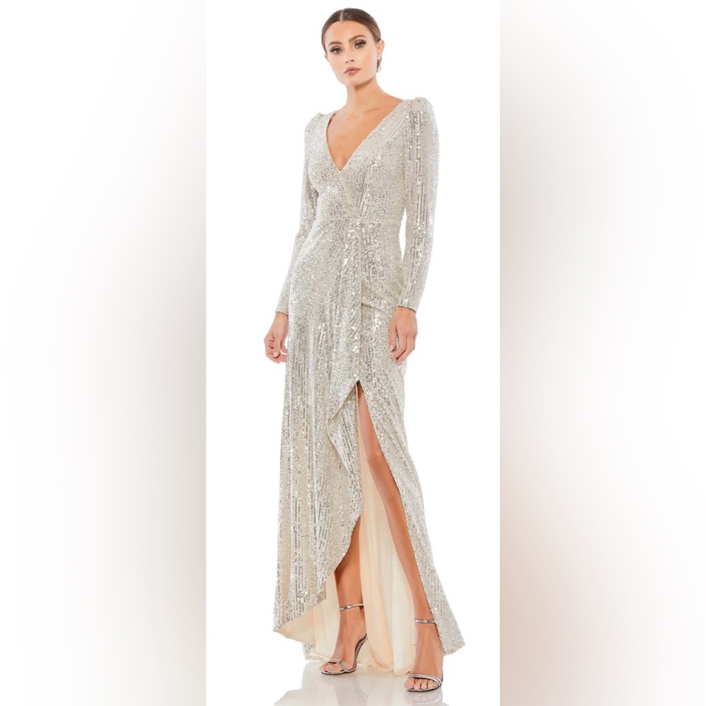 NWT Mac Duggal Sequin Wrap Evening Gown Silver Gold Toned Size 6
